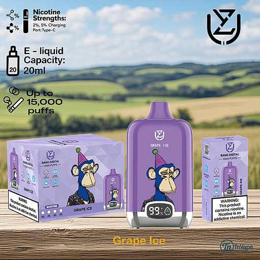 Purple Grape Ice vape device with a cartoon ape wearing a party hat, shown alongside branded packaging and informational text about nicotine strength, e-liquid capacity, and puff count, set against a blurred countryside landscape.