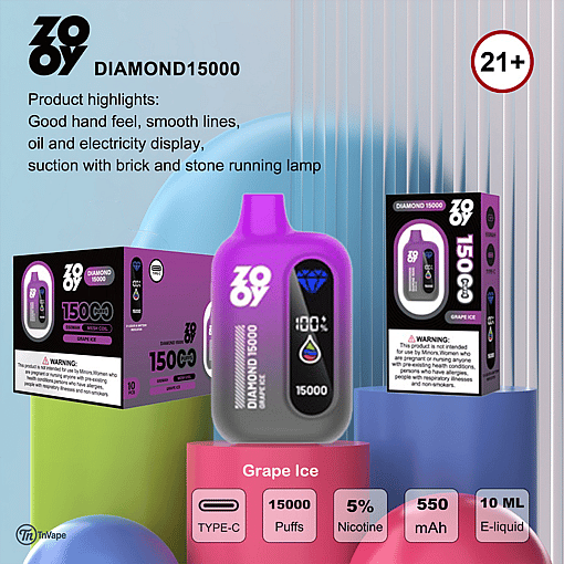 Promotional image for ZOOY Diamond 15000 Grape Ice disposable vape, featuring a purple device with digital display, branding, product specifications, packaging, 21+ age restriction, and safety warning.