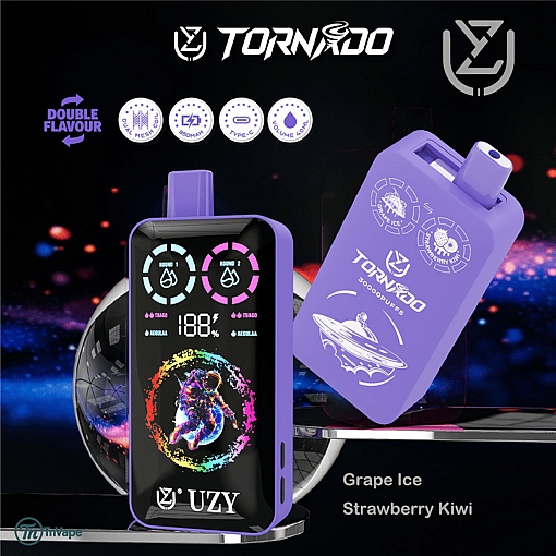 Tornado branded vape device with a digital display and purple exterior, featuring double flavor options of Grape Ice and Strawberry Kiwi, and labeled with 30000 puffs.