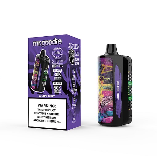 Mr. Goodie disposable vape device and packaging for the Grape Mint flavor, featuring a colorful, graffiti-style design and prominent nicotine warning label.