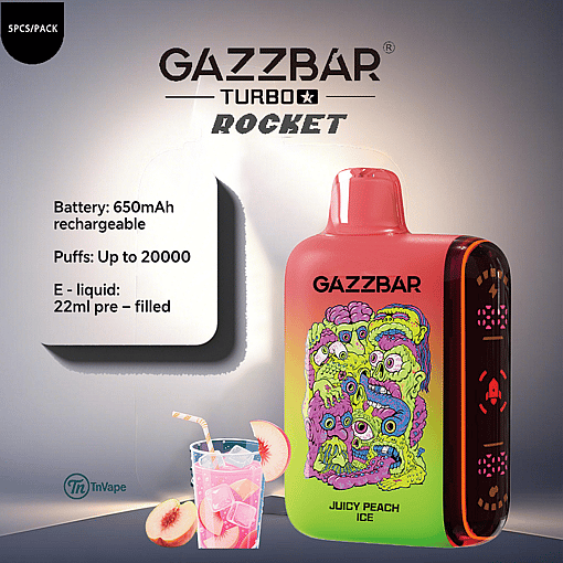 Colorful Gazzbar Turbo Rocket vape device with a cartoon monster design and 'Juicy Peach Ice' flavor, shown with a glass of peach drink, peach slices, and product specifications including 650mAh rechargeable battery, up to 20,000 puffs, and 22ml pre-filled e-liquid.