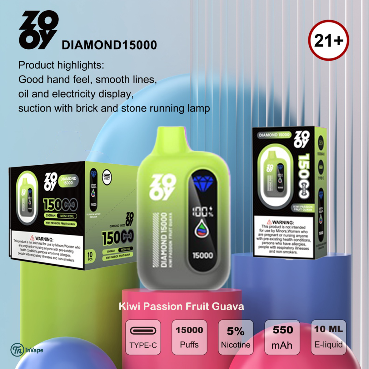Promotional image for ZOOY DIAMOND15000 disposable vape in kiwi passion fruit guava flavor, featuring the green vape device, its packaging, and product highlights such as 15,000 puffs, 5% nicotine, 550mAh battery, 10ml e-liquid, and type-C charging, with a 21+ age restriction label.