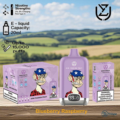 Product image of Bang Digital Kiwi Passion Fruit disposable vape featuring a cartoon ape with an American flag helmet on a purple device, highlighting 15,000 puffs, 20ml e-liquid capacity, nicotine strengths, and warning labels, set against a blurred countryside background.