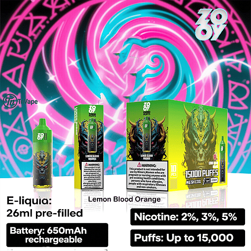 Promotional image for Zovoo vape with Lemon Blood Orange flavor, featuring a green vape device, product boxes with a mythical horned creature design, and highlighted product details such as 26ml pre-filled e-liquid, 650mAh rechargeable battery, up to 15,000 puffs, and nicotine strengths of 2%, 3%, or 5%, set against a neon spiral background with a ram image.