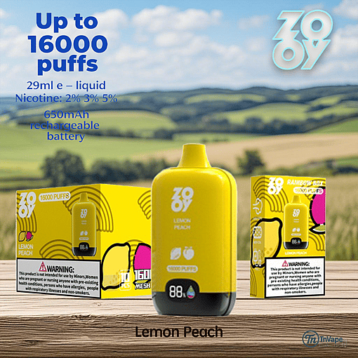 Yellow Zooy Lemon Peach vape device and packaging on a wooden surface with a scenic countryside background, highlighting product features including 16,000 puffs, 29ml e-liquid, various nicotine strengths, and a 650mAh rechargeable battery.