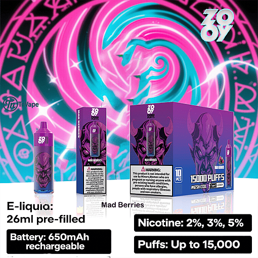 Promotional image for ZOVOO Mad Berries disposable vape featuring a purple and blue background with a glowing demon graphic, product packaging, and highlighted features like 26ml pre-filled e-liquid, rechargeable 650mAh battery, nicotine strengths of 2%, 3%, or 5%, and up to 15,000 puffs.