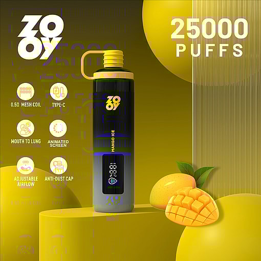 Black and yellow ZOOY branded vape device labeled 'Mango Ice' with 25,000 puffs, surrounded by mango illustrations and icons highlighting features like 0.5Ω mesh coil, Type-C charging, mouth to lung draw, animated screen, adjustable airflow, and anti-dust cap.