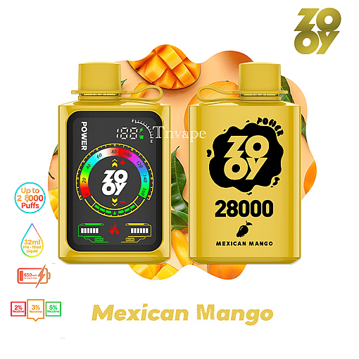 Two yellow ZOOY 28000 puff disposable vape devices with Mexican Mango flavor, featuring digital display and branding, surrounded by mango slices and product information such as puff count, battery, and nicotine options.