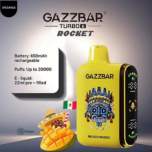 Yellow Gazzbar Turbo Rocket disposable vape labeled 'Mexico Mango,' featuring an ornate blue Aztec mask illustration, battery and e-liquid specifications, and a mango with a Mexican flag and sombrero in the foreground.