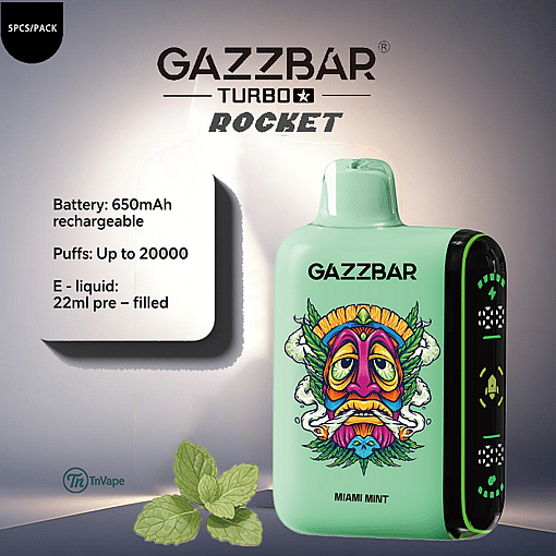 GAZZBAR Turbo Rocket Miami Mint disposable vape device with colorful illustrated face design, mint leaves, and product specifications including 650mAh battery, up to 20,000 puffs, and 22ml e-liquid.