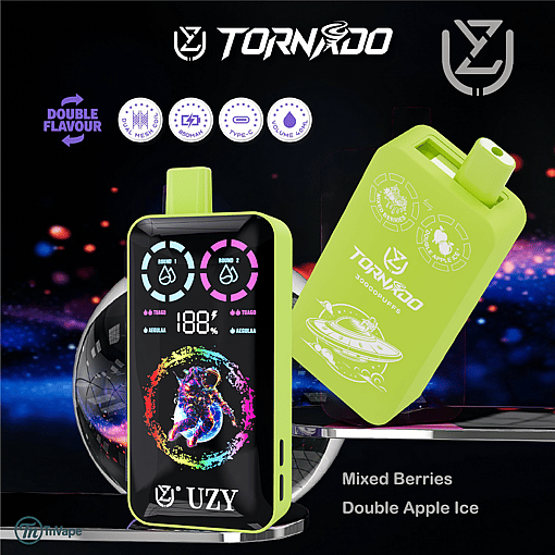 Promotional image of the Tornado vape device in neon green, featuring a digital screen with colorful graphics and astronaut illustration, branding, and flavor labels for Mixed Berries and Double Apple Ice.