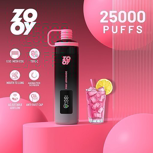 Promotional image for a Zooy vape in pink lemonade flavor, showing the vape device, a glass of pink lemonade with lemon slice, and features such as 25,000 puffs, mesh coil, Type-C charging, mouth to lung, animated screen, adjustable airflow, and anti-dust cap.