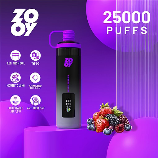 A Zooy vape device labeled 'Mixed Berries' is displayed against a purple background with a mix of berries and promotional text highlighting 25,000 puffs and features such as mesh coil, Type-C charging, airflow adjustment, animated screen, and anti-dust cap.