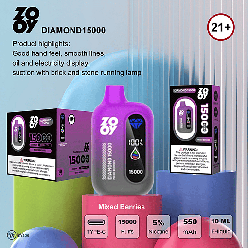 Promotional image for ZOOY DIAMOND15000 disposable vape in mixed berries flavor, showing the device, packaging, product features, and specifications such as 15,000 puffs, 5% nicotine, 550mAh battery, 10ml e-liquid, and an age restriction of 21+.