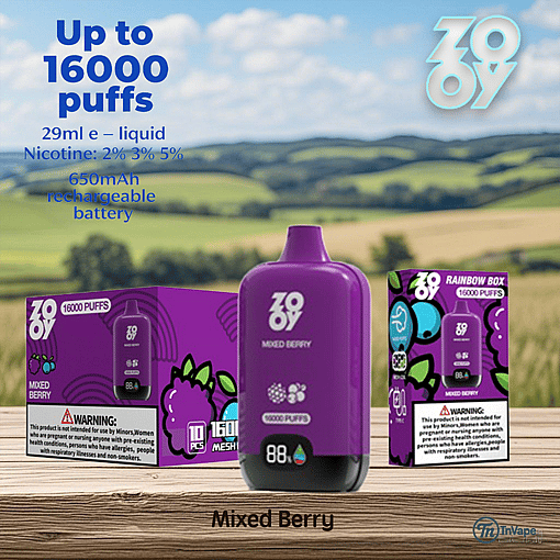 Promotional image of a Zooy Mixed Berry disposable vape with a purple device in the foreground, product packaging displaying 16,000 puffs, and key features like 29ml e-liquid, various nicotine strengths, and a 650mAh rechargeable battery, set against a rural outdoor background.