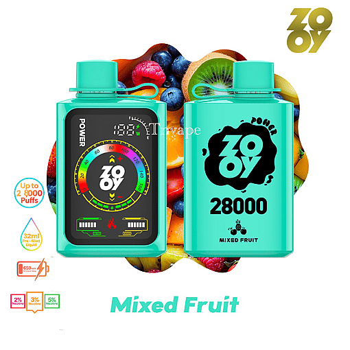 Two teal ZOOY branded vape devices labeled 'Mixed Fruit' with 28,000 puffs, shown in front of assorted colorful fruits like kiwi, berries, and orange slices.