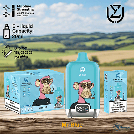 Mr Blue vape product packaging featuring a cartoon monkey with glasses smoking, displayed on a wooden table with rolling countryside hills in the background, alongside text highlighting nicotine strengths, e-liquid capacity, puff count, and health warning.