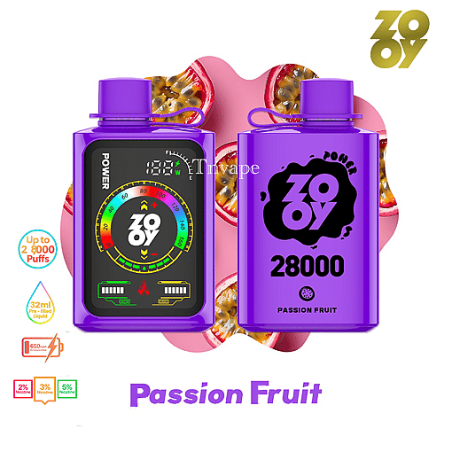 Two purple ZOOY vapes labeled 'Passion Fruit,' with a digital gauge display, set against a background of sliced passion fruit; text highlights 28,000 puffs, 32ml liquid capacity, and various nicotine strengths.