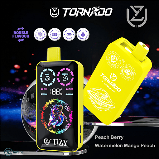 Bright yellow UZY Tornado disposable vape device with digital display, neon astronaut graphic, and flavor options of Peach Berry and Watermelon Mango Peach, shown against a dark, futuristic background.