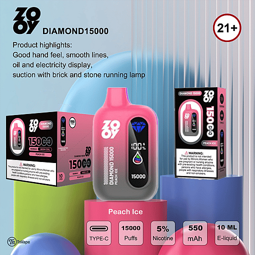 Promotional display for the ZOJOY Diamond 15000 disposable vape in peach ice flavor, showing the pink device with digital indicators, its packaging, and product details including 15,000 puffs, 5% nicotine, 550 mAh battery, and 10 ml e-liquid, with a 21+ age restriction warning.