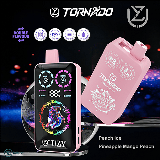Promotional image for a pink UZY Tornado vape device with dual flavor feature, digital display, and listed flavors of Peach Ice and Pineapple Mango Peach.