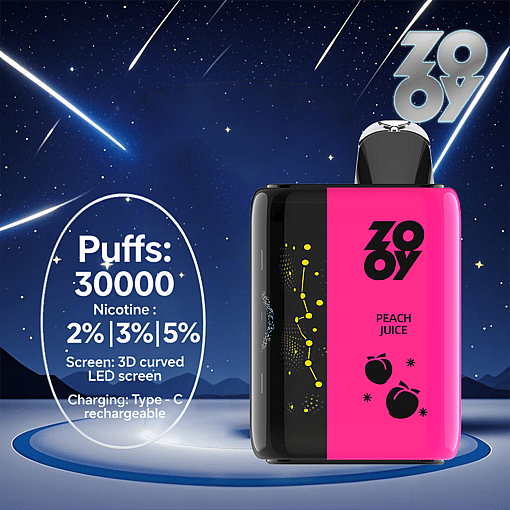 ZOOY Peach Juice vape device with a pink and black design, constellation graphic, and product specifications including 30,000 puffs, nicotine options (2%, 3%, 5%), 3D curved LED screen, and Type-C rechargeable, set against a starry night background with shooting stars.
