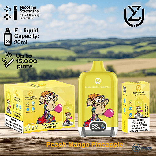 Peach Mango Pineapple flavored vape device and packaging featuring colorful cartoon monkey artwork, with icons indicating 20ml e-liquid capacity, up to 15,000 puffs, 2% and 5% nicotine strengths, and a nicotine warning, set against a blurred rural landscape background.