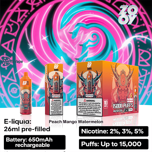 Zoy disposable vape packaging and device in peach mango watermelon flavor, with key features listed including 26ml pre-filled e-liquid, 650mAh rechargeable battery, mesh coil, nicotine strengths of 2%, 3%, and 5%, and up to 15,000 puffs, set against a colorful neon pink and teal background with abstract design elements.