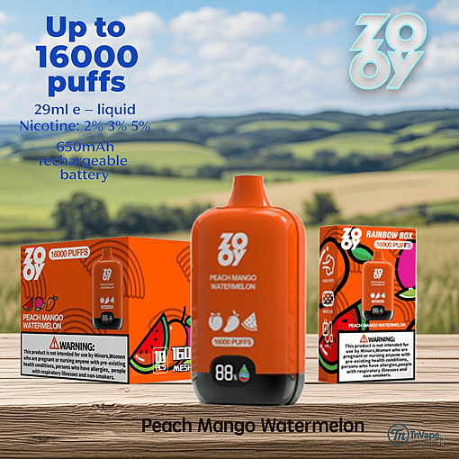 Peach Mango Watermelon Zov disposable vape device with packaging, featuring product details such as 16,000 puffs, 29ml e-liquid, 650mAh rechargeable battery, and a scenic countryside background.