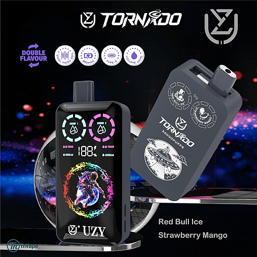 Promotional image for the Tornado UZY vape device featuring a digital screen and colorful astronaut graphic, highlighting double flavor options of Red Bull Ice and Strawberry Mango, with icons indicating features like dual mesh, 850mAh battery, Type-C charging, and low volume.
