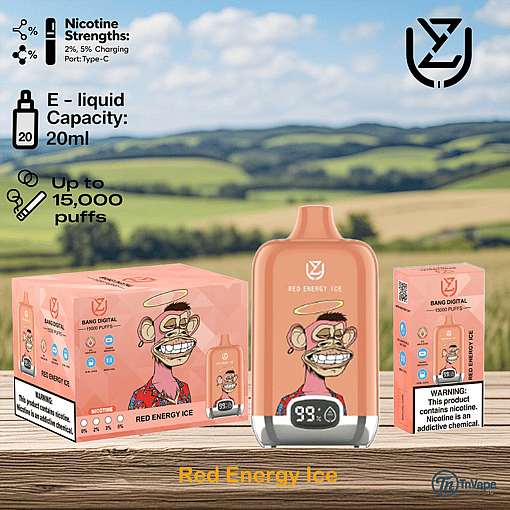 Promotional image for Bang Digital Red Energy Ice vape, featuring a cartoon ape character on the packaging, product details such as 20ml e-liquid capacity, 15,000 puffs, 2% and 5% nicotine strengths, and a warning that the product contains nicotine, with a blurred countryside background.