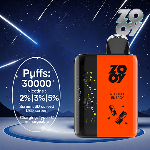 ZOOY Redbull Energy vape device with bright orange and black design, displaying key features like 30,000 puffs, multiple nicotine strengths, a 3D curved LED screen, and Type-C rechargeable in a futuristic night sky setting with shooting stars.