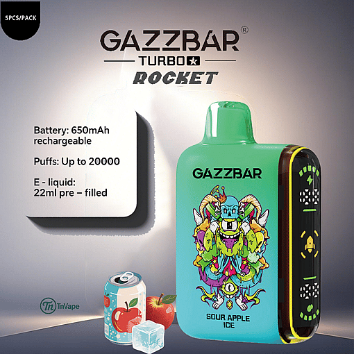 Product advertisement for GAZZBAR Turbo Rocket disposable vape in sour apple ice flavor, showing the device with a colorful monster graphic, product specifications, and icons of apple, soda can, and ice cubes.
