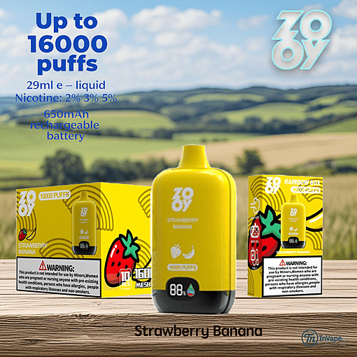 Promotional image featuring a yellow ZOOV disposable vape device and packaging with strawberry and banana flavors, advertising up to 16,000 puffs, nicotine strengths, and a 650mAh rechargeable battery, set against a scenic outdoor landscape.