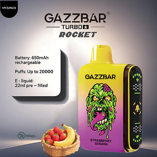 Gazzbar Turbo Rocket disposable vape device in yellow and pink with a monster face illustration, labeled 'Strawberry Banana' flavor, shown alongside product specifications and a basket of strawberries and bananas.
