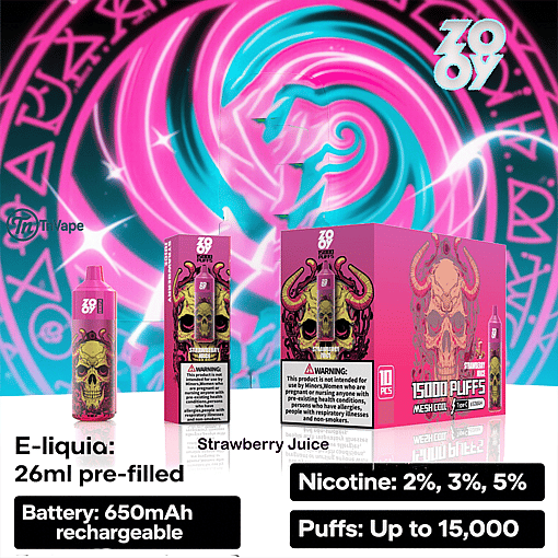 Promotional image for a Zovoo vape featuring product packaging with a green skull design, neon pink and turquoise background, and text highlighting features such as 26ml pre-filled liquid, 650mAh rechargeable battery, strawberry juice flavor, nicotine options (2%, 3%, 5%), and up to 15,000 puffs.
