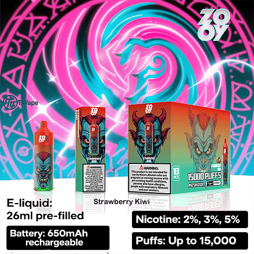 Brightly colored advertisement for Zooy disposable vape in Strawberry Kiwi flavor, featuring a red and teal devil graphic on the packaging, product details including 26ml e-liquid, 650mAh rechargeable battery, nicotine levels of 2%, 3%, 5%, up to 15,000 puffs, and a vibrant blue and pink magical symbol background.
