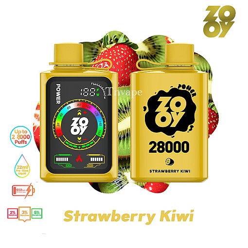 Two yellow ZOOY branded vape devices labeled 'Strawberry Kiwi 28000' are displayed in front of a background featuring strawberries and kiwi slices, with product details highlighting puff count, liquid volume, and nicotine options.