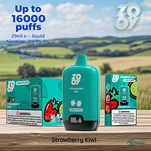 Promotional image for ZOOY Strawberry Kiwi vape showing a teal vape device, packaging with strawberry and kiwi illustrations, and key features such as up to 16,000 puffs, 29ml e-liquid, multiple nicotine strengths, and a 650mAh rechargeable battery, set against a countryside background.