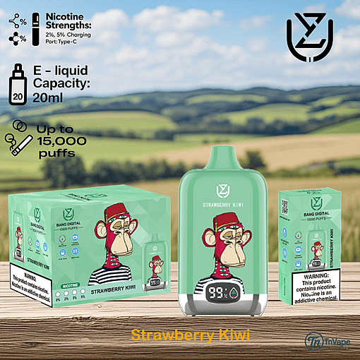 Strawberry Kiwi flavored disposable vape device and packaging featuring a cartoon monkey wearing a red hat and striped shirt, set against a scenic countryside background with product details such as 20ml e-liquid capacity, up to 15,000 puffs, and nicotine strengths of 2% and 5%.