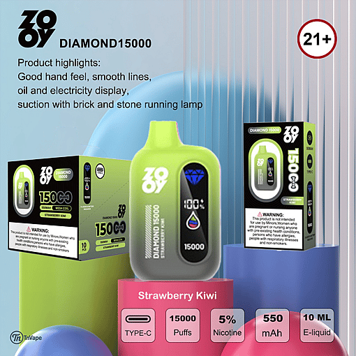 Promotional image for ZOOV Diamond15000 disposable vape in strawberry kiwi flavor, showing a green and black vape device with digital display and packaging, product highlights, usage warnings, and key features including 15,000 puffs, 5% nicotine, 550mAh battery, 10ml e-liquid, and age restriction 21+.