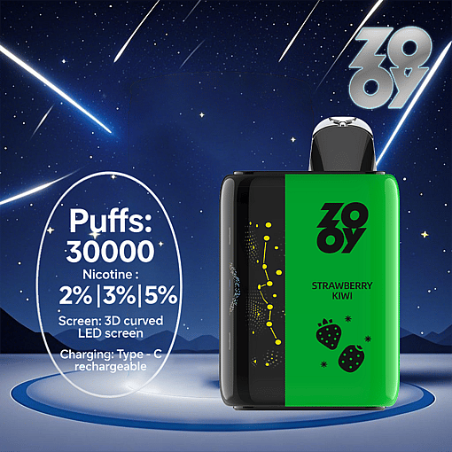 Promotional image of a ZOOY Strawberry Kiwi vape device with a green body, black mouthpiece, and illustrated strawberries, set against a starry night background with shooting stars and product features such as 30,000 puffs, various nicotine strengths, a 3D curved LED screen, and Type-C charging highlighted.