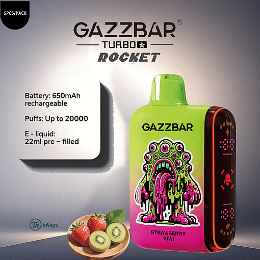 GAZZBAR Turbo Rocket strawberry kiwi vape device with a bright green and pink body featuring a colorful, dripping monster illustration, shown beside sliced kiwi and strawberries, and text highlighting 650mAh battery, up to 20,000 puffs, and 22ml pre-filled e-liquid.