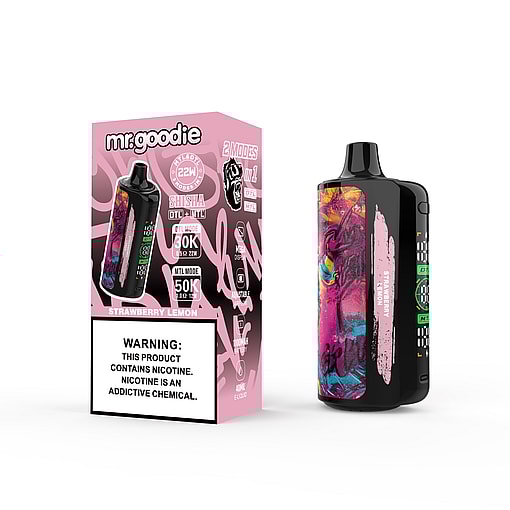 Mr. Goodie disposable vape device and packaging in a pink design labeled strawberry lemon flavor, featuring warning for nicotine content and product features like 50K puffs, 40ml e-liquid, and dual modes.