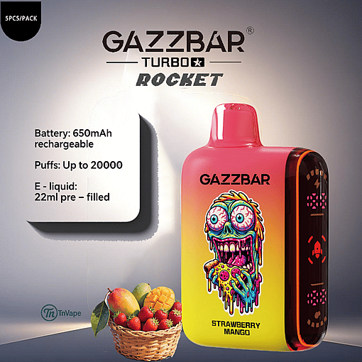 Gazzbar Turbo Rocket disposable vape in strawberry mango flavor featuring a colorful, cartoonish monster graphic on the device, with product details highlighting a 650mAh rechargeable battery, up to 20,000 puffs, and 22ml pre-filled e-liquid, alongside a basket of strawberries and mangoes.