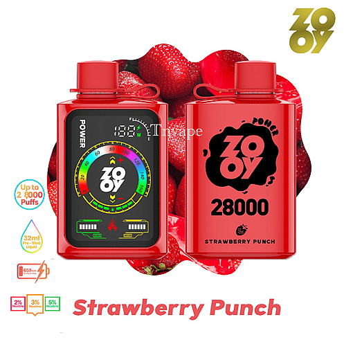 Red ZOOY disposable vape devices labeled 'Strawberry Punch' with digital displays, shown in front of fresh strawberries, highlighting features like up to 28,000 puffs and various nicotine strengths.