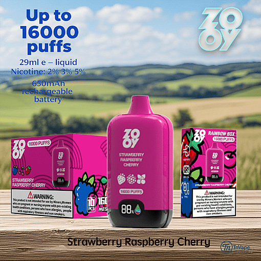 Pink ZOOY branded vape device and packaging, labeled Strawberry Raspberry Cherry flavor, on a wooden surface with a countryside background and promotional text highlighting up to 16,000 puffs and product specs.