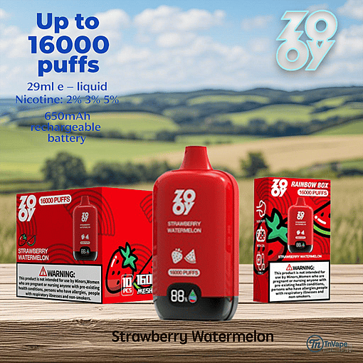 Red Zovoo vape device and packaging labeled 'Strawberry Watermelon,' promoting up to 16,000 puffs, with product specifications displayed, set against a blurred outdoor landscape.