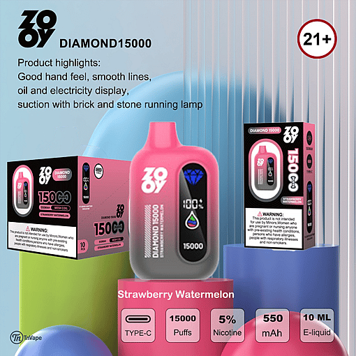 Advertisement for ZOOV Diamond15000 disposable vape in strawberry watermelon flavor, showing a pink device with digital display, product boxes, and features such as 15,000 puffs, 5% nicotine, 550mAh battery, 10ml e-liquid, and Type-C charging, labeled for 21+ only.