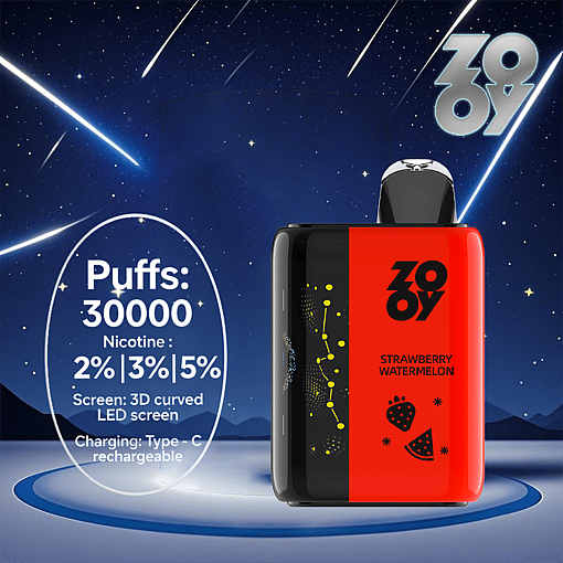 Red and black ZOOY Strawberry Watermelon vape device with 30,000 puffs, nicotine options of 2%, 3%, or 5%, 3D curved LED screen, and Type-C charging, set against a night sky with shooting stars and mountains.